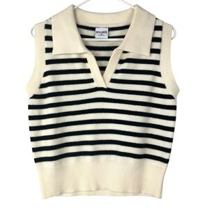 MOONRISE Women Striped Polo Sweater Vest Cream Black V-Neck Sleeveless Medium
